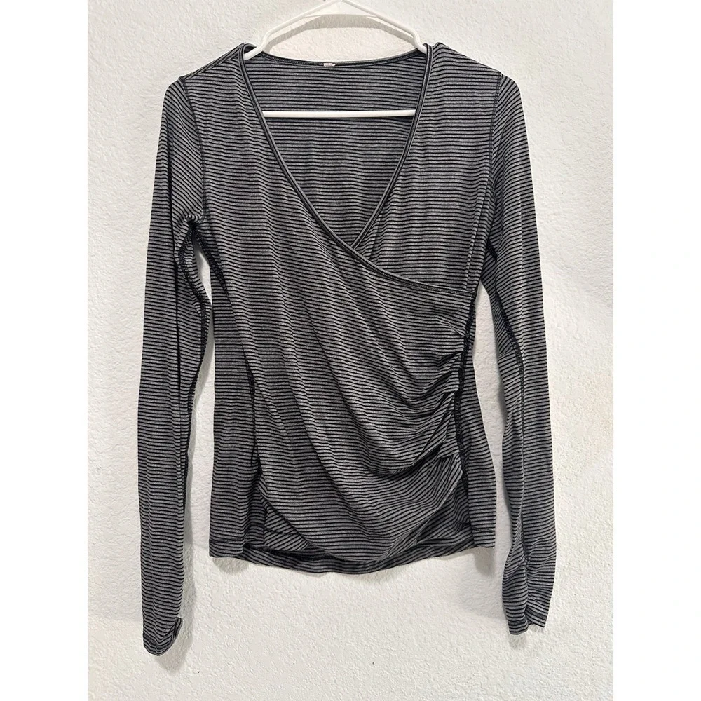 Lululemon  Sunset Salutation Long Sleeve Top Gray Stripe Faux Wrap V Neck